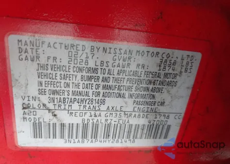 2017 Nissan Sentra Sr z USA, uszkodzony, nr VIN 3N1AB7AP4HY281498